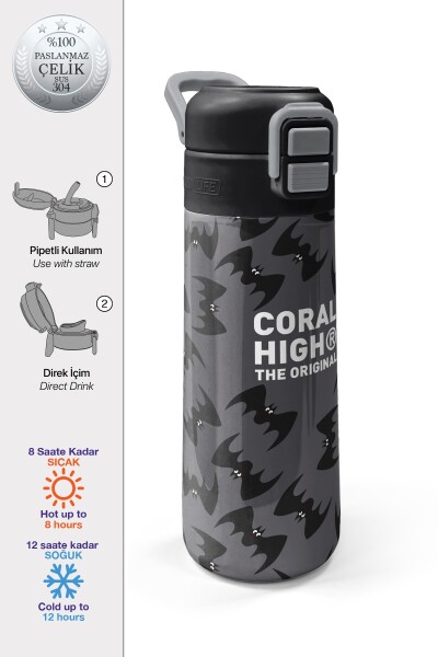 Coral High Kids Gri Siyah Yarasa Desenli Pipetli ve Direkt İçim Çelik Termos 500 ml 38126 - 1