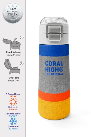 Coral High Kids Gri Turuncu Çizgi Desenli Pipetli ve Direkt İçim Çelik Termos 500 ml 38121 - 1