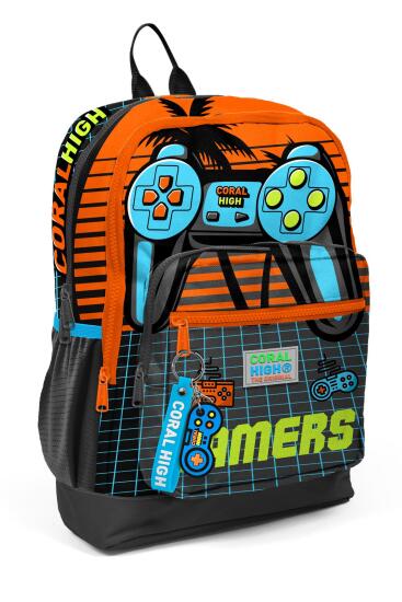 Coral High Kids Gri Turuncu Gamer Desenli Dört Bölmeli Okul Sırt Çantası 23746 