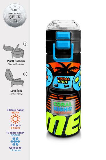 Coral High Kids Gri Turuncu Gamer Desenli Pipetli ve Direkt İçim Çelik Termos 500 ml 31947 - Coral High KIDS