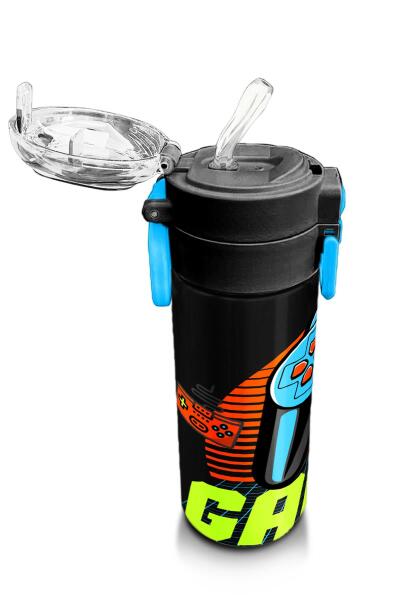 Coral High Kids Gri Turuncu Gamer Desenli Pipetli ve Direkt İçim Çelik Termos 500 ml 31947 - 5