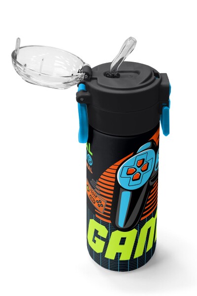 Coral High Kids Gri Turuncu Gamer Desenli Pipetli ve Direkt İçim Çelik Termos 500 ml 31947 - 5