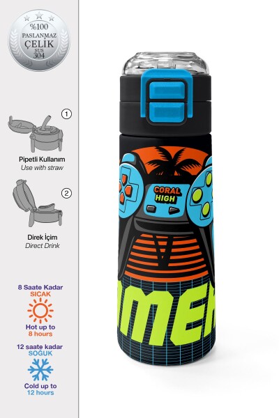 Coral High Kids Gri Turuncu Gamer Desenli Pipetli ve Direkt İçim Çelik Termos 500 ml 31947 - 1