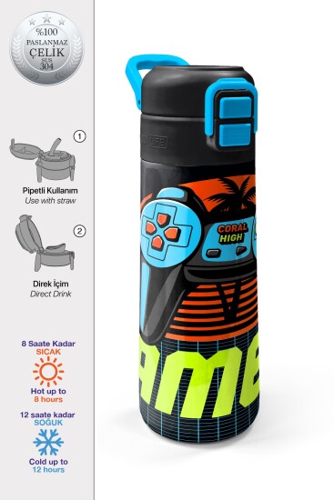 Coral High Kids Gri Turuncu Gamer Desenli Pipetli ve Direkt İçim Çelik Termos 500 ml 31947 