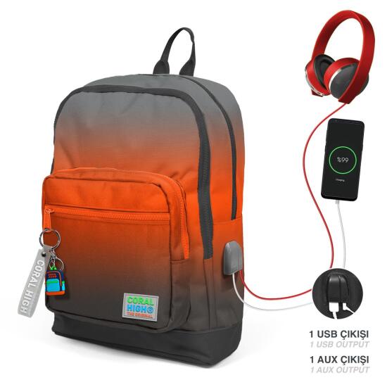 Coral High Kids Gri Turuncu Renk Geçişli Dört Bölmeli USB'li Okul Sırt Çantası 23848 
