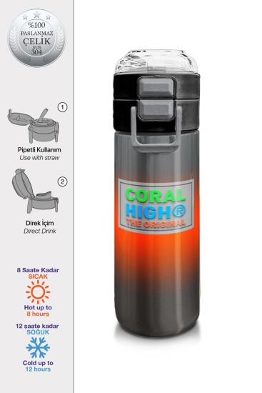 Coral High Kids Gri Turuncu Renk Geçişli Pipetli ve Direkt İçim Çelik Termos 500 ml 31949 - Coral High KIDS