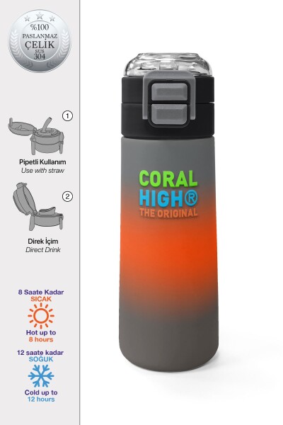 Coral High Kids Gri Turuncu Renk Geçişli Pipetli ve Direkt İçim Çelik Termos 500 ml 31949 - 1