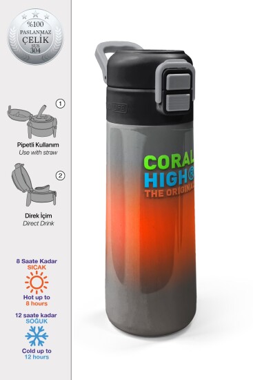 Coral High Kids Gri Turuncu Renk Geçişli Pipetli ve Direkt İçim Çelik Termos 500 ml 31949 