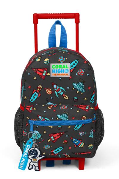 Minik Yuva Çekçekli Sırt Çantası Koyu Gri Kırmızı Uzay Desenli İki Bölmeli 24010 - 3