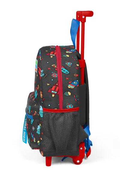 Minik Yuva Çekçekli Sırt Çantası Koyu Gri Kırmızı Uzay Desenli İki Bölmeli 24010 - 6