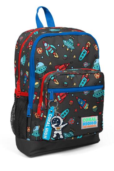 Coral High Kids Koyu Gri Kırmızı Uzay Desenli Dört Bölmeli Okul Sırt Çantası 23469 