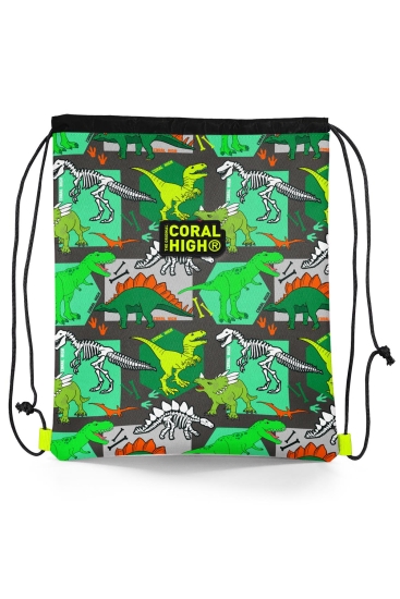 Coral High Kids Gri Yeşil Dinozor Desenli İpli Büzgülü Sırt Çantası 22677 