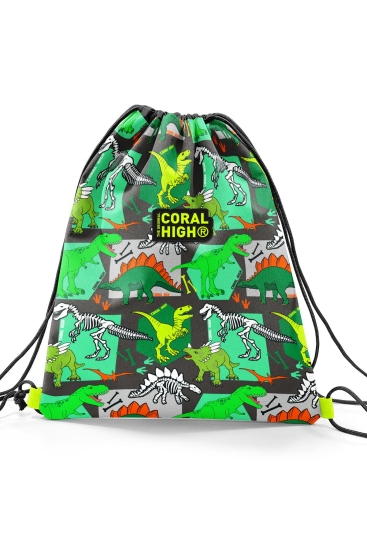 Coral High Kids Gri Yeşil Dinozor Desenli İpli Büzgülü Sırt Çantası 22677 - 2