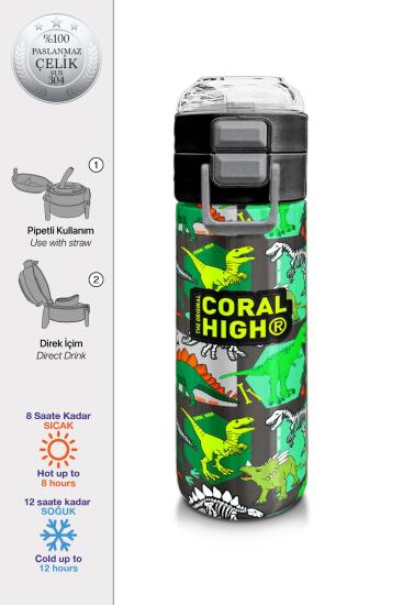 Coral High Kids Gri Yeşil Dinozor Desenli Pipetli ve Direkt İçim Çelik Termos 500 ml 31976 - Coral High KIDS