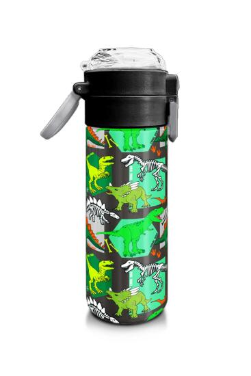 Coral High Kids Gri Yeşil Dinozor Desenli Pipetli ve Direkt İçim Çelik Termos 500 ml 31976 - 2