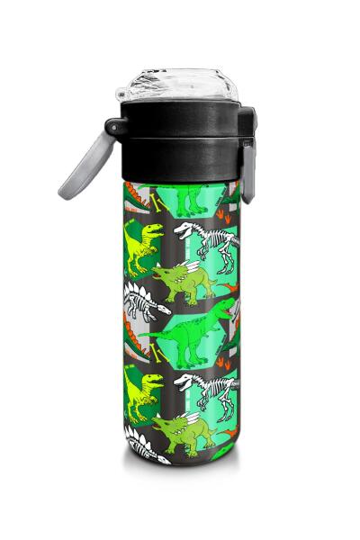 Coral High Kids Gri Yeşil Dinozor Desenli Pipetli ve Direkt İçim Çelik Termos 500 ml 31976 - 2