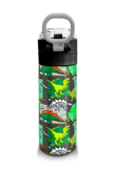 Coral High Kids Gri Yeşil Dinozor Desenli Pipetli ve Direkt İçim Çelik Termos 500 ml 31976 - 3