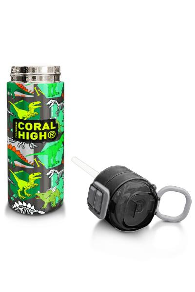 Coral High Kids Gri Yeşil Dinozor Desenli Pipetli ve Direkt İçim Çelik Termos 500 ml 31976 - 4