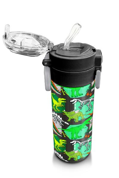 Coral High Kids Gri Yeşil Dinozor Desenli Pipetli ve Direkt İçim Çelik Termos 500 ml 31976 - 5