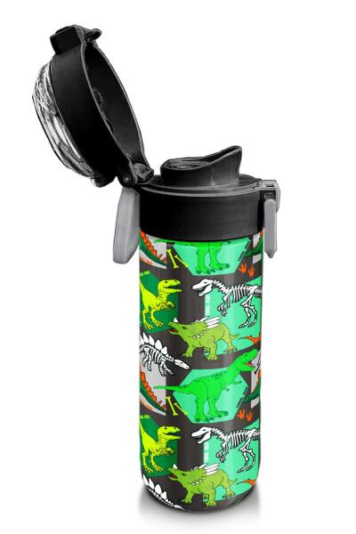 Coral High Kids Gri Yeşil Dinozor Desenli Pipetli ve Direkt İçim Çelik Termos 500 ml 31976 - 6