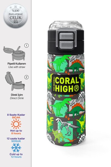 Coral High Kids Gri Yeşil Dinozor Desenli Pipetli ve Direkt İçim Çelik Termos 500 ml 31976 - Coral High KIDS