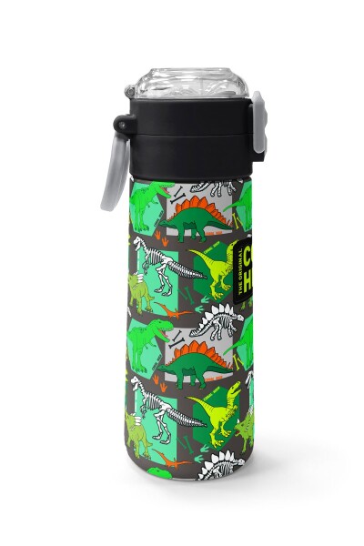 Coral High Kids Gri Yeşil Dinozor Desenli Pipetli ve Direkt İçim Çelik Termos 500 ml 31976 - 2