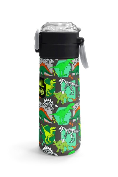 Coral High Kids Gri Yeşil Dinozor Desenli Pipetli ve Direkt İçim Çelik Termos 500 ml 31976 - 3