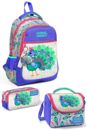Coral High Kids Gümüş Lavanta Tavus Kuşu Desenli 3’lü Okul Çanta Seti SET0123488 