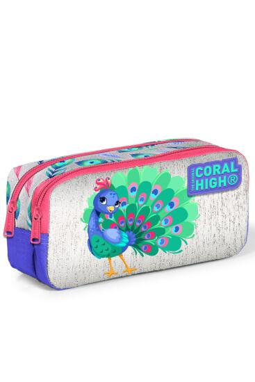 Coral High Kids Gümüş Lavanta Tavus Kuşu Desenli İki Bölmeli Kalem Çantası 12060 