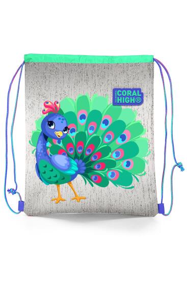 Coral High Kids Gümüş Lavanta Tavus Kuşu Desenli İpli Büzgülü Sırt Çantası 22692 