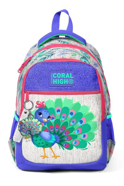 Coral High Kids Gümüş Lavanta Tavus Kuşu Desenli Üç Bölmeli Okul Sırt Çantası 23488 - 7