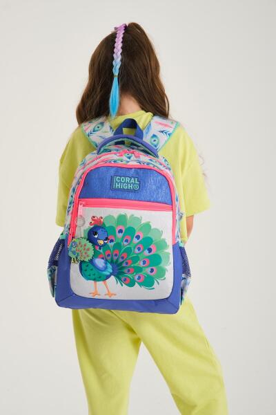 Coral High Kids Gümüş Lavanta Tavus Kuşu Desenli Üç Bölmeli Okul Sırt Çantası 23488 - 2