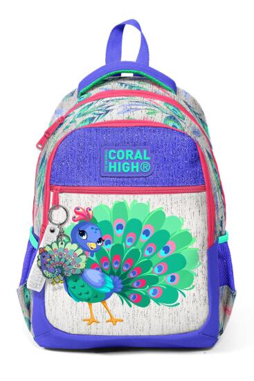 Coral High Kids Gümüş Lavanta Tavus Kuşu Desenli Üç Bölmeli Okul Sırt Çantası 23488 - 7