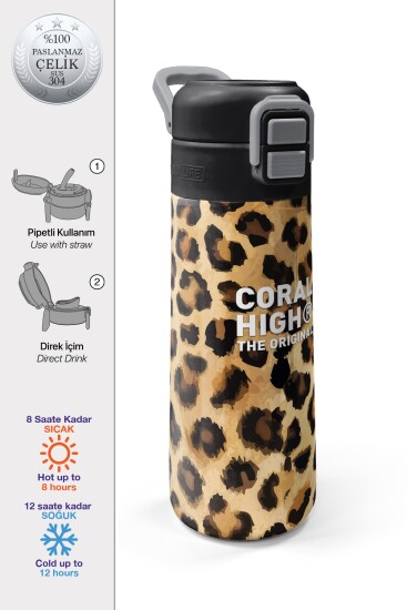 Coral High Kids Kahverengi Leopar Desenli Pipetli ve Direkt İçim Çelik Termos 500 ml 31881 