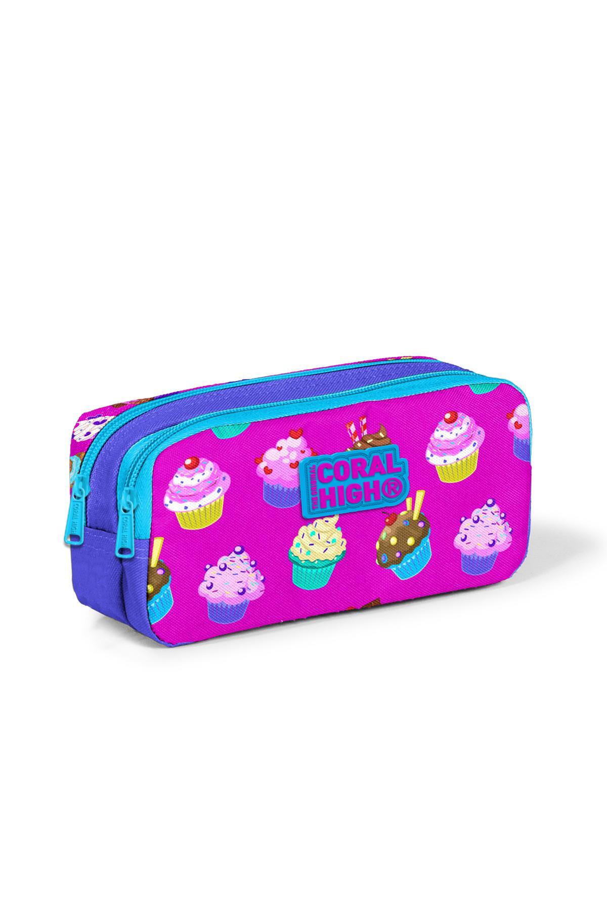 Coral High Kids Lavanta Pembe Cupcake Desenli İki Bölmeli Kalem Çantası 22198