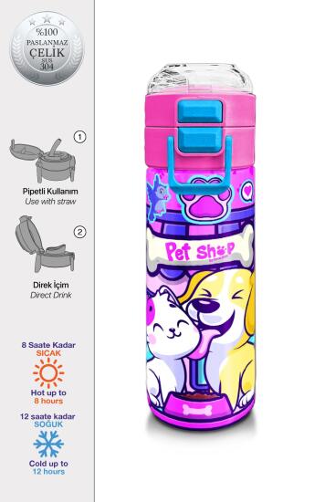 Coral High Kids Kedi Köpek Desenli Pipetli ve Direkt İçim Çelik Termos 500 ml 31810 - Coral High KIDS