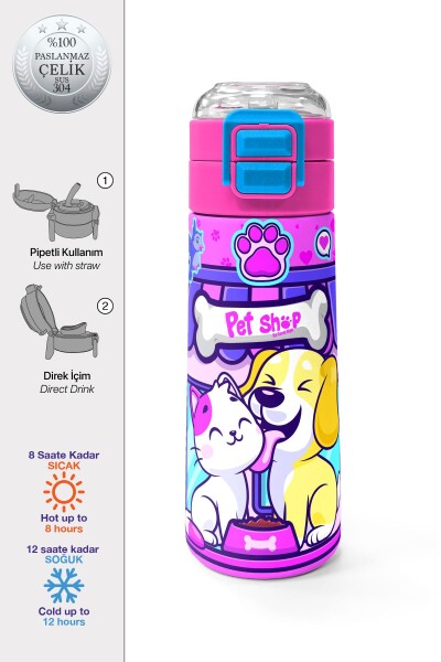 Coral High Kids Kedi Köpek Desenli Pipetli ve Direkt İçim Çelik Termos 500 ml 31810 - 1