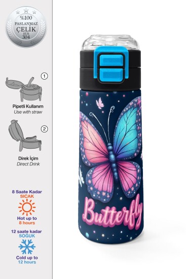 Coral High Kids Kelebek Desenli Pipetli ve Direkt İçim Çelik Termos 500 ml 38131 - Coral High