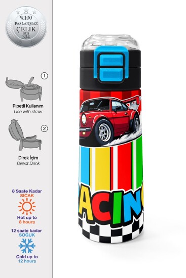 Coral High Kids Kırmızı Araba Desenli Pipetli ve Direkt İçim Çelik Termos 500 ml 38139 - Coral High