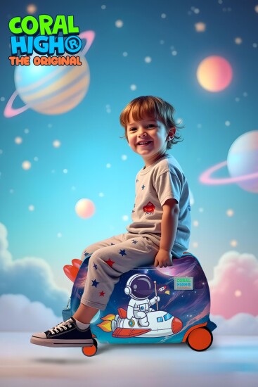 Coral High Kids Kırmızı Lacivert Astronot Desenli Otur-Çek Çocuk Valizi 16364 - 2