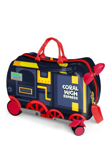Coral High Kids Kırmızı Lacivert Tren Desenli Otur-Çek Çocuk Valizi 16366 - Coral High
