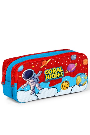 Coral High Kids Kırmızı Mavi Astronot Uzay Desenli İki Bölmeli Kalem Çantası 31045 - Coral High