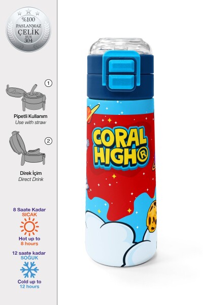 Coral High Kids Kırmızı Mavi Astronot Uzay Desenli Pipetli ve Direkt İçim Çelik Termos 500 ml 38127 - 1