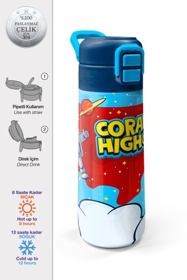 Coral High Kids Kırmızı Mavi Astronot Uzay Desenli Pipetli ve Direkt İçim Çelik Termos 500 ml 38127 