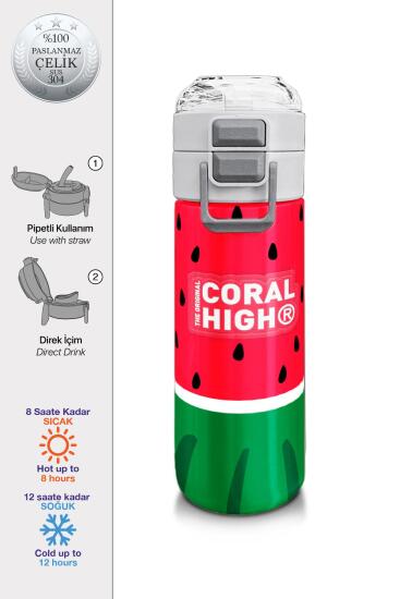 Coral High Kids Kırmızı Yeşil Karpuz Desenli Pipetli ve Direkt İçim Çelik Termos 500 ml 31866 - Coral High KIDS