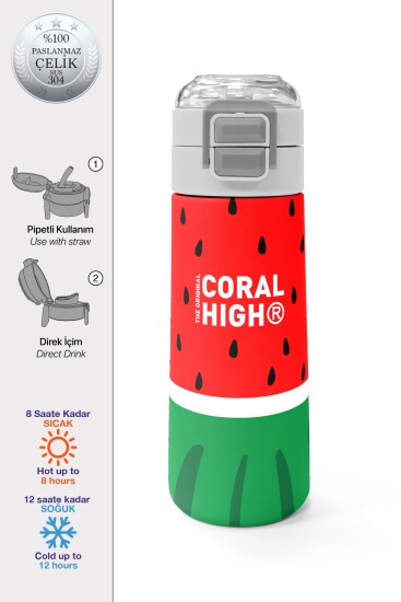 Coral High Kids Kırmızı Yeşil Karpuz Desenli Pipetli ve Direkt İçim Çelik Termos 500 ml 31866 