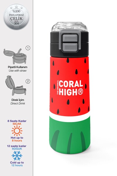 Coral High Kids Kırmızı Yeşil Karpuz Desenli Pipetli ve Direkt İçim Çelik Termos 500 ml 31866 - 1
