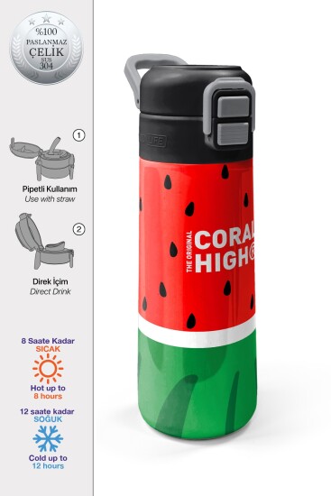 Coral High Kids Kırmızı Yeşil Karpuz Desenli Pipetli ve Direkt İçim Çelik Termos 500 ml 31866 