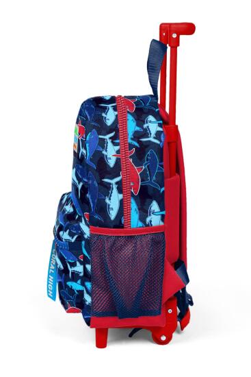 Minik Yuva Çekçekli Sırt Çantası Lacivert Kırmızı Köpek Balığı Desenli İki Bölmeli 24016 - 6