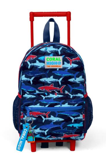 Minik Yuva Çekçekli Sırt Çantası Lacivert Kırmızı Köpek Balığı Desenli İki Bölmeli 24016 - 3